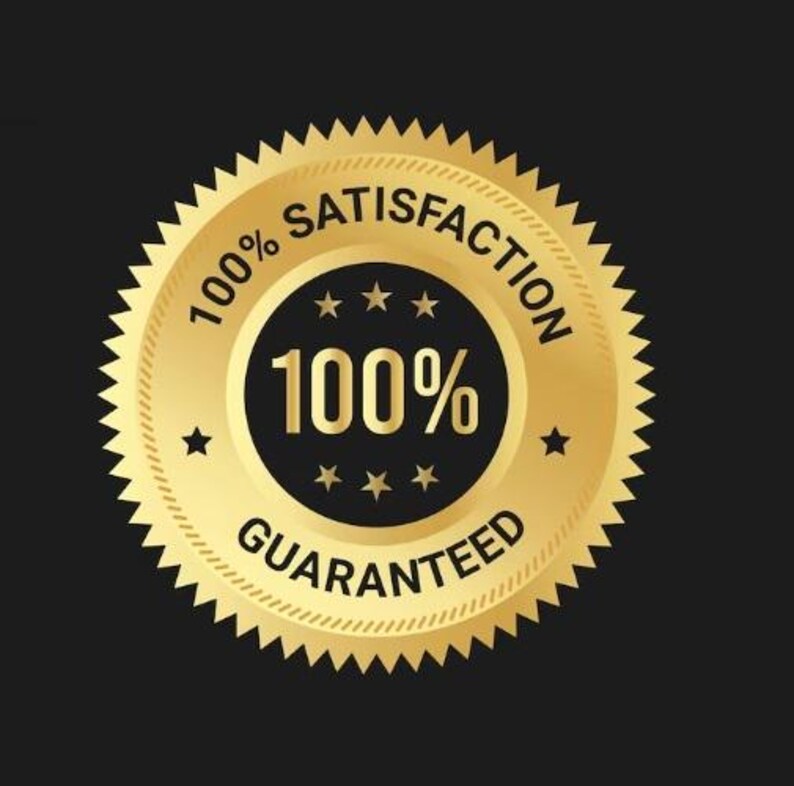 Peut inclure: Un badge dor&eacute; avec un bord dentel&eacute;, affichant le texte "100% Satisfaction Garantie". Le badge comporte un cercle noir central avec "100%" en or, entour&eacute; d'&eacute;toiles. Le fond est noir.