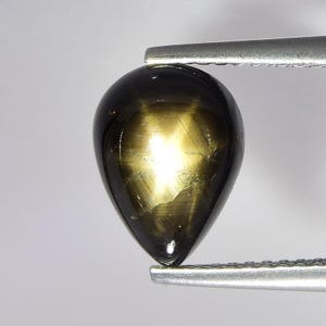 以下が含まれることがあります： ピンセットで保持された、洋梨型の黒いスターサファイアの宝石。 宝石は、暗く磨かれた表面に対して見える、金色の色合いの顕著な六条の星の効果を持っています。 無地の白い背景に設定されています。