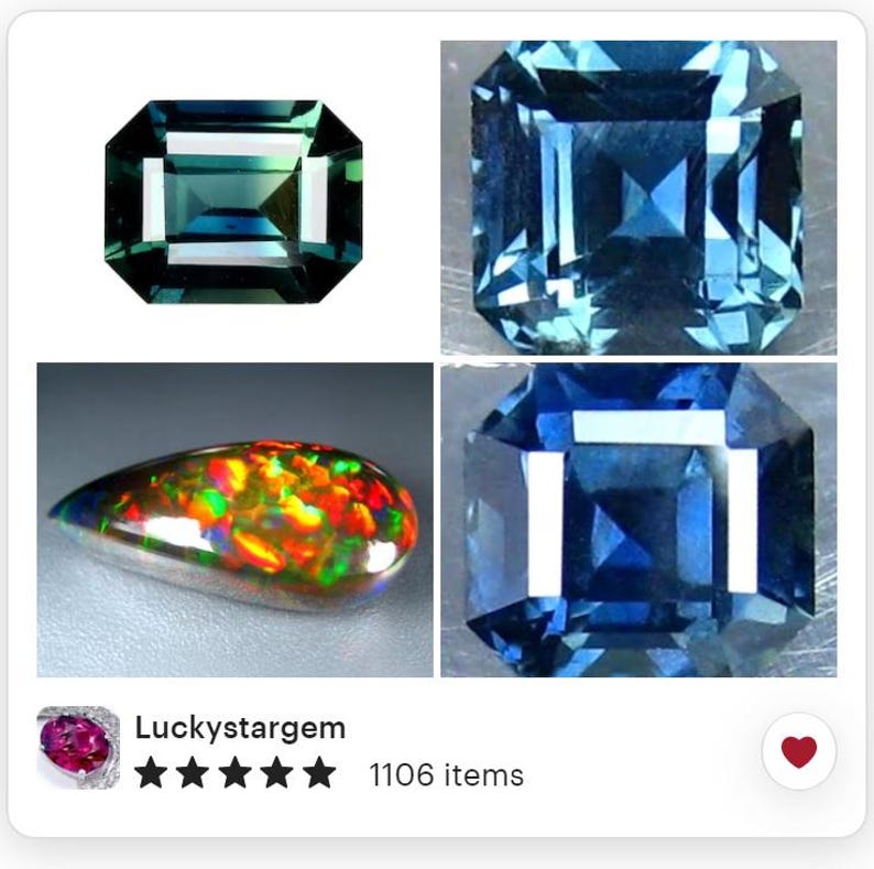 Peut inclure: Une collection de pierres pr&eacute;cieuses, dont une &eacute;meraude taill&eacute;e vert fonc&eacute;, deux pierres bleues carr&eacute;es et une opale en forme de goutte d'eau avec des couleurs internes rouges, oranges et jaunes vives. L'image est de Luckystargem.