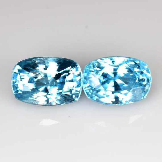 Blue Zircon Gemstone Pair: Ct Cushion Cut, 6x4 mm
