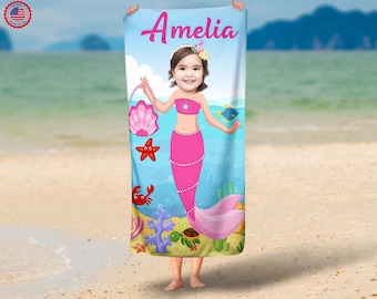 Asciugamano con foto viso principessa personalizzato, asciugamano principessa sirena con foto personalizzato, telo da spiaggia personalizzato 30x60, regalo per baby shower, bomboniera per piscina