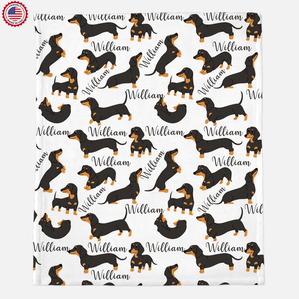 Dachshund Personalized Name Dog Blanket, Short Hair Doxies. Weenie Dog Lovey, Pet Lover Gift, Dog Mom Gift, Pet Blanket, Dog Print throw