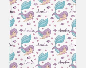 Personalized Mermaid Baby Blanket, Baby Name Blanket, Custom Baby Blanket, Mermaid Minky Baby Blanket, Baby Boy Girl Blanket, Baby Gift