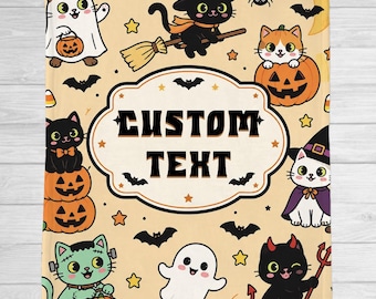 Manta de Halloween personalizada, manta assustadora com nome personalizado, manta fofa com fantasma, abóbora e gato, presente de Halloween para crianças, decoração de outono para casa.