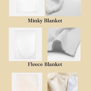 May include: A display of three different types of blankets: Minky, Fleece, and Sherpa. Each blanket type is shown in two images: a full view and a close-up of the fabric. The blankets are all white or off-white, with the text "Minky Blanket", "Fleece Blanket", and "Sherpa Blanket" below each set.