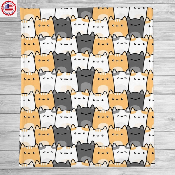 Kawaii Cat Blanket | Cute Kitty Throw Blanket | Kitten Throw Blanket | Japanese Aesthetic Decor, Matching Pillowcase