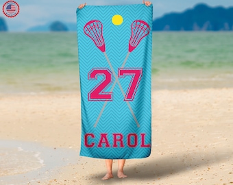 Personalized Girls Lacrosse Beach Towel - Personalized Crossed Sticks Team Beach Towel,30x60 Beach Towel, Custom Sports Towel, Summer Gift