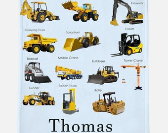 Kids Work Vehicles - Personalized Construction Blanket ,Dump Truck Blanket, Boy Blanket, Tractor Kids Blanket, Construction Vehicle Blanket
