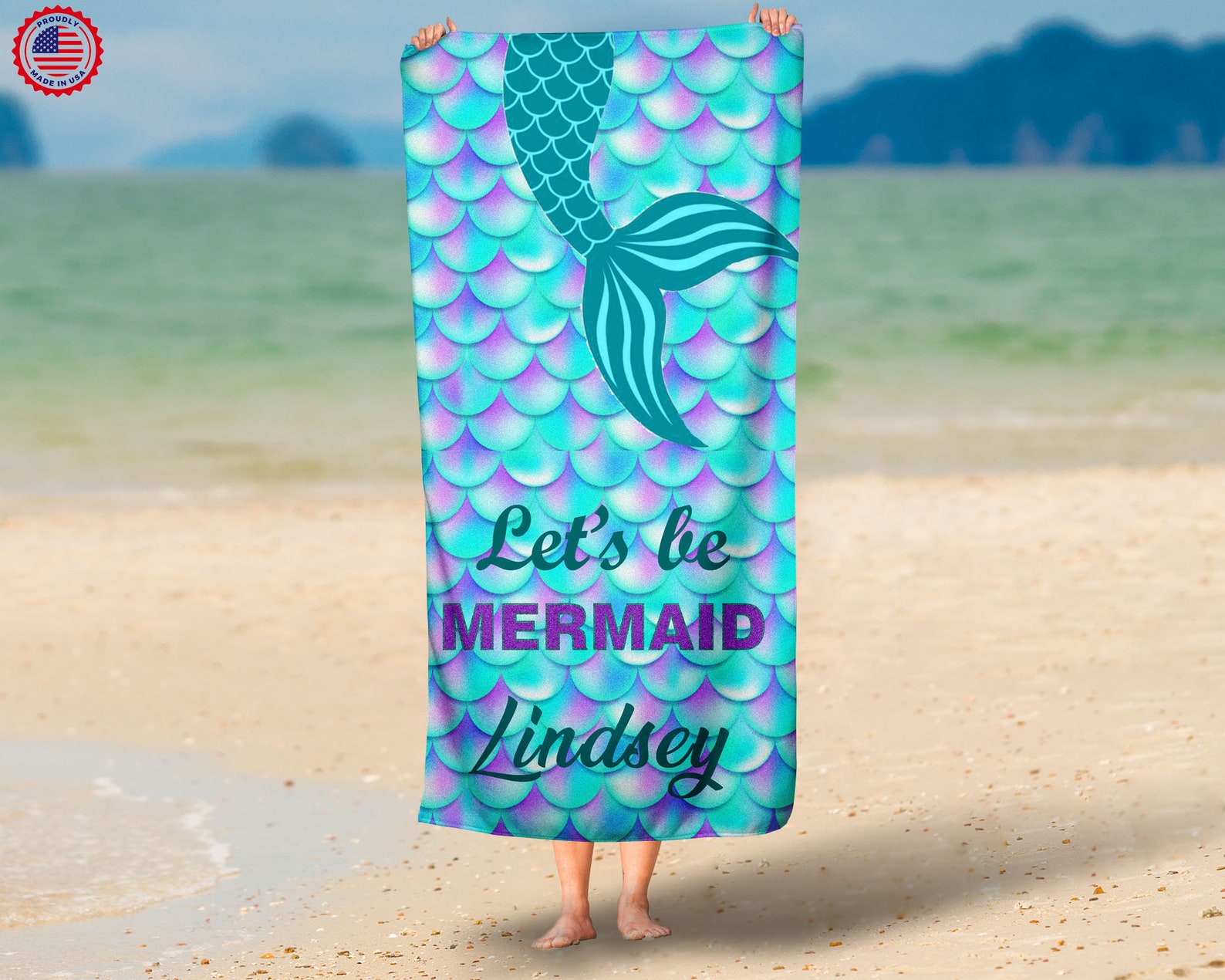 Personalized Mermaid Beach Towel Mermaid Tale Faux Glitter Etsy