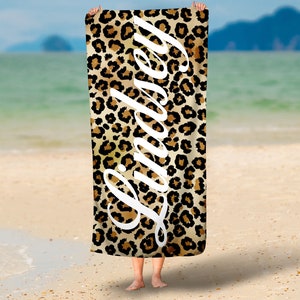 Personalized Leopard Print Towel, Cheetah Print, Custom Animal Beach Towel, Senior Gift, Housewarming Gift Condo, 21st Birthday Gift For Her
