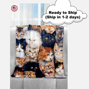 Pode incluir: Uma manta de tecido macia e colorida com uma imagem de close-up de muitos rostos de gatos. Os gatos são de várias raças e cores, incluindo preto, branco, laranja e marrom.