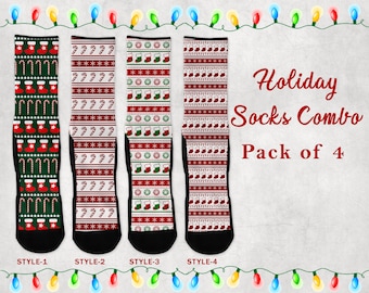 May include: A set of four holiday socks with different Christmas patterns. The socks are red, green, and white with candy canes, snowflakes, and Christmas stockings. The socks are labeled "STYLE-1", "STYLE-2", "STYLE-3", and "STYLE-4". The text "Holiday Socks Combo Pack of 4" is displayed above the socks.