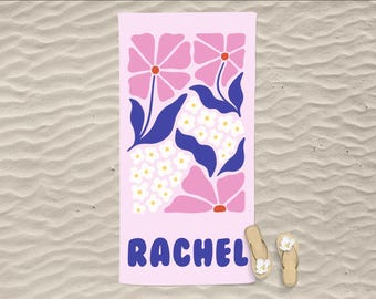 Toalha de praia personalizada com arte floral, toalha com nome personalizado para mulheres, presente de verão para ela, itens essenciais para viagem de meninas, acessórios de viagem