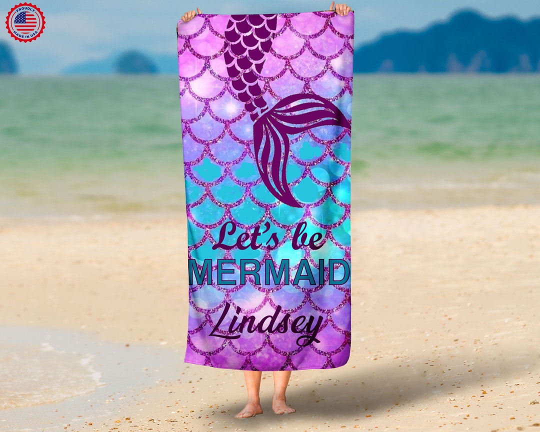 Personalized Mermaid Beach Towel Mermaid Tale Faux Glitter 30x60 Beach Towel Etsy