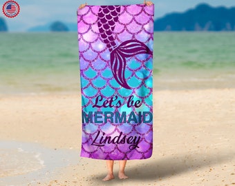 Gepersonaliseerde zeemeermin strandhanddoek - Zeemeerminverhaal Faux Glitter 30x60 strandlaken