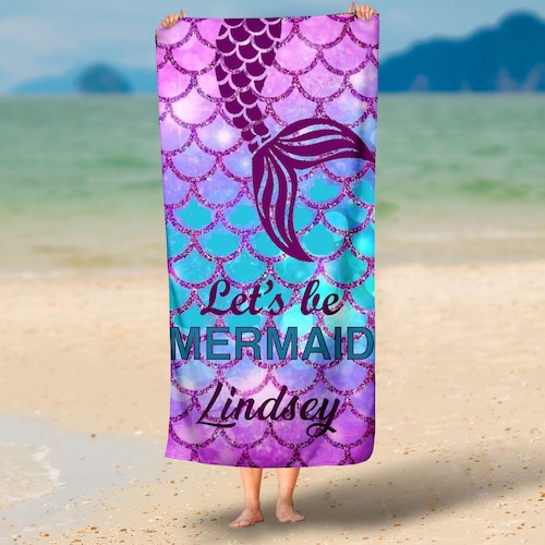 Personalized Mermaid Beach Towel Mermaid Tale Faux Glitter Etsy
