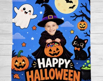 Manta personalizada de Halloween com rosto estampado, manta personalizada com foto e nome, manta infantil fofa e assustadora, presente personalizado com gato fantasma, decoração divertida de outono