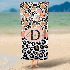 Personalized Leopard Print Floral Beach Towel , Cheetah Print, Custom Floral Beach Towel, Animal Print Towel, Animal Lover Beach Towel