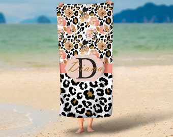Toalha de praia floral personalizada com estampa de leopardo, estampa de chita, toalha de praia floral personalizada, toalha com estampa animal, toalha de praia para amantes de animais