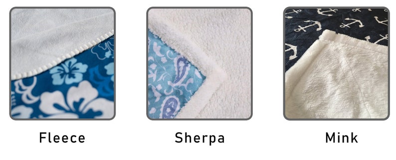 May include: Close-up of three different types of blanket fabric: fleece, sherpa, and mink. The fleece fabric is a soft, blue and white floral print. The sherpa fabric is a white, fluffy material. The mink fabric is a white, plush material.