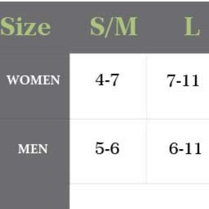 May include: A chart showing sock sizes for women and men. The chart shows the shoe size range for small/medium, large, and extra large socks.