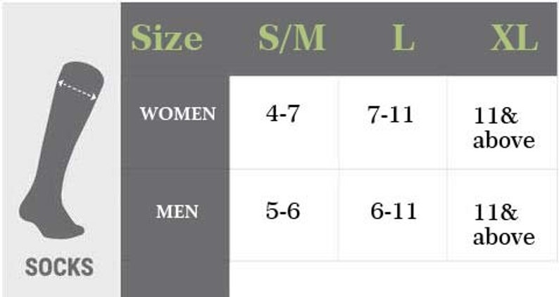 May include: A chart showing sock sizes for women and men. The chart shows the shoe size range for small/medium, large, and extra large socks.
