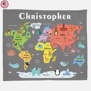 Mapa mundi infantil personalizado com animais, mapa mundi infantil, cobertor com nome do bebê, cobertor personalizado para bebê, presente de chá de bebê, presente de viajante mundial