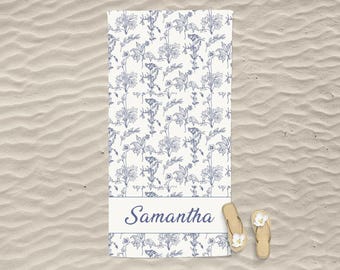 Toalha de praia personalizada, toalha de piscina Toile de Jouy, toalha de praia personalizada, toalha de praia com monograma, toalha de praia para despedida de solteira, toalha floral