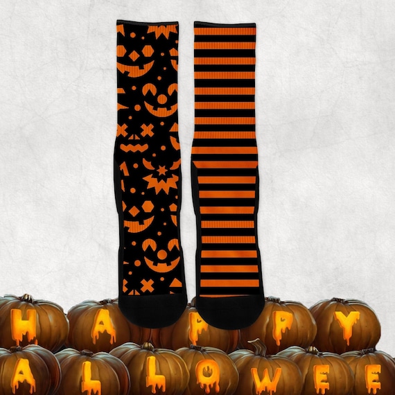 Scary Pumpkin Halloween  Socks - Crazy Socks -Design Halloween Socks, Candy Corn Jack O Lantern Stripes Socks
