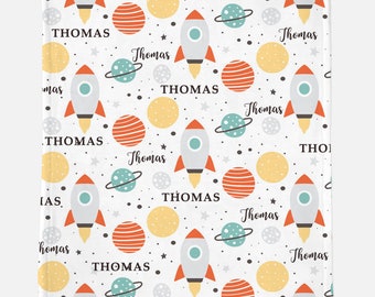 Personalized Solar System Name Blanket - Custom Minky Name Blanket with Galaxy and Rocket Print, Space Blanket,Outer Space Astronaut blanket