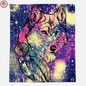 Wolf in Galaxy Watercolour Face Blanket, Wolf Blanket, Wolf Lover Gift ,Watercolor Effect