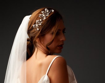 Silver Bridal Hairpiece and Veil, Bride Floral Wire Hair Vine, Wedding Crown  | Freya