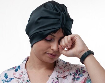 Vegan Silk Black Turban Sleeping Night Cap | Adjustable Curly Hair Bonnet | Long Hair Care Hair Wrap | Silk Night Cap | Hair Care Gift