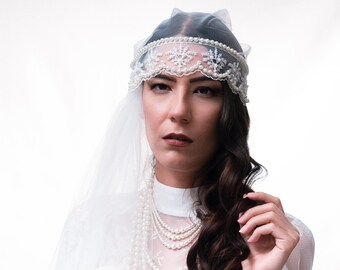 Juliet Cap Veil | Art Deco Style Crystal Wedding Cap Veil | Pearl Juliet Veil | Lace Juliet Veil | 1930s Wedding Veil | Ivory Tulle Veil