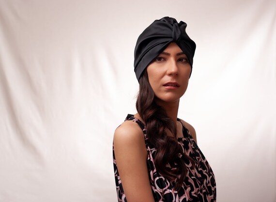 Vegan Silk Black Turban Sleeping Night Cap Cruelty-free Silk Lined  