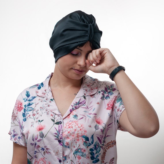 Vegan Silk Black Turban Sleeping Night Cap Cruelty-free Silk Lined  