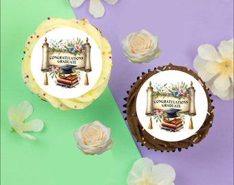 12 x Graduation Scroll & Books 2" / 5cm edible discs cupcake toppers