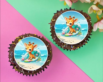 12 x Surfing Giraffe 2" / 5cm edible discs cupcake toppers