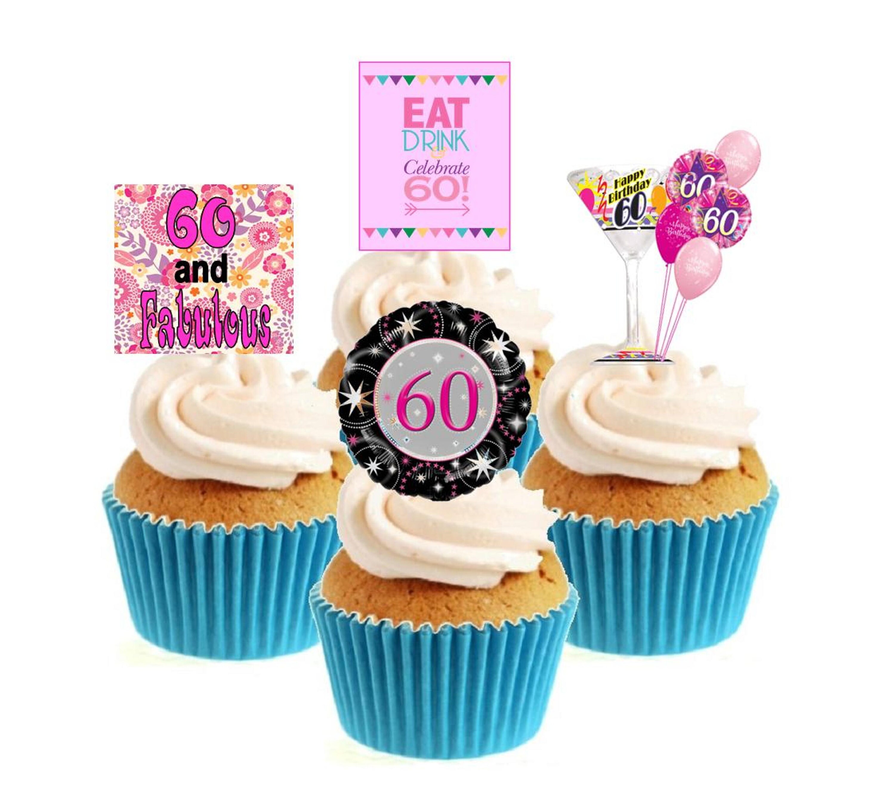 60th Birthday Pink Collection Stand up Cake Toppers (12 Pack) Item