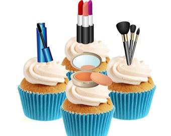 Make up girl Lipstick brushes Edible Toppers Wafer/Icing cupcake x 12 Decoration 