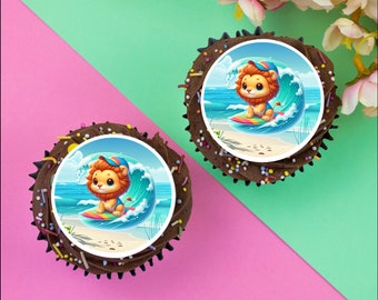 12 x Surfing Lion 2" / 5cm edible discs cupcake toppers