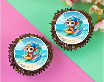 12 x Surfing Monkey 2" / 5cm edible discs cupcake toppers