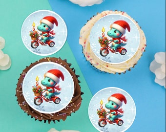 Christmas Dinosaur on bike 2" / 5cm edible discs cupcake toppers