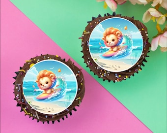 12 x Surfing Baby Lion 2" / 5cm edible discs cupcake toppers