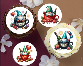 12 x Happy New Year Gnomes Red & Black 2" / 5cm edible discs cupcake toppers