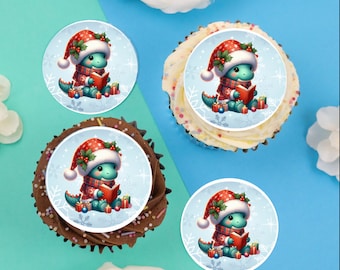 Christmas Dinosaur reading 2" / 5cm edible discs cupcake toppers