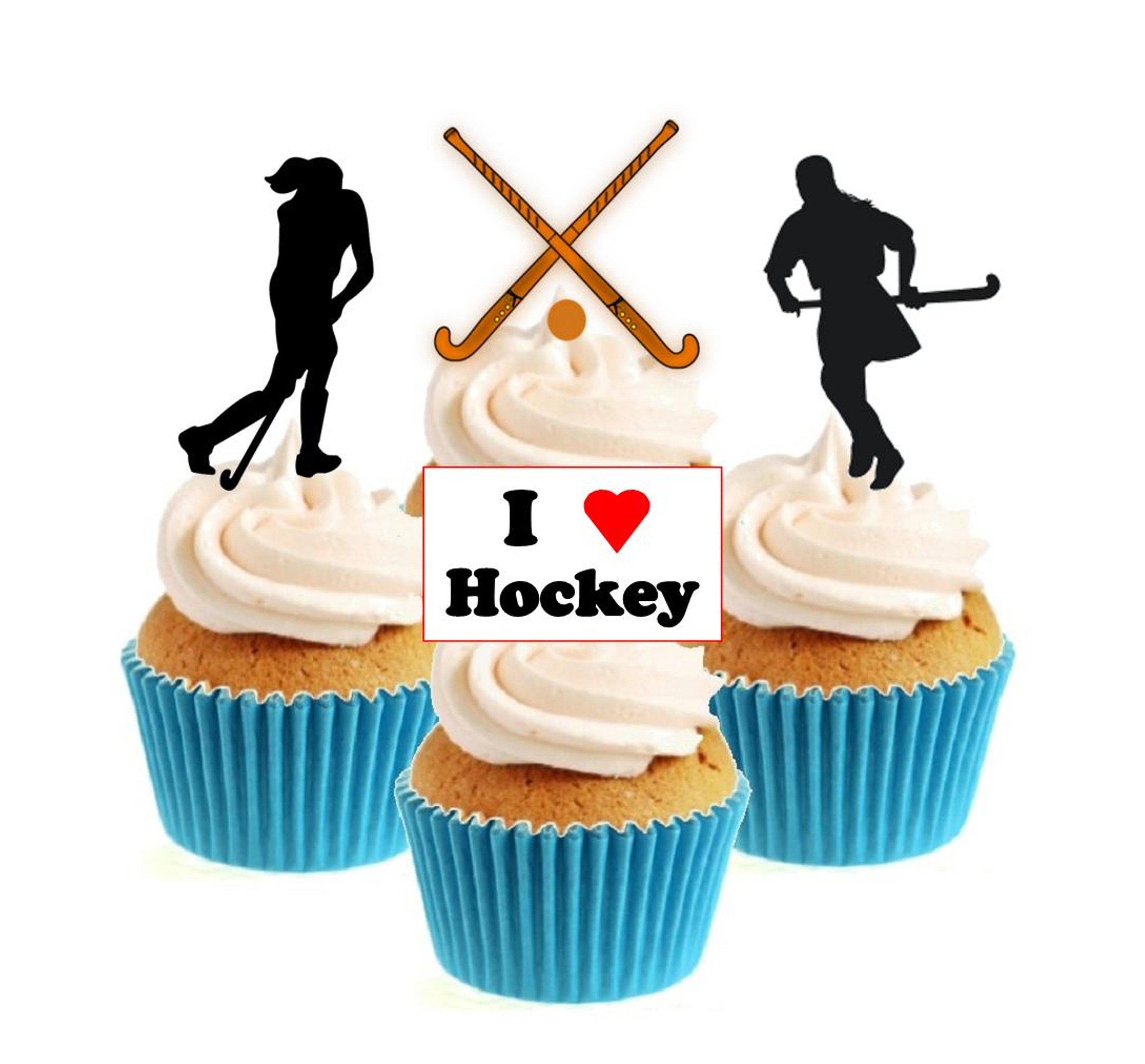 12 Hockey sobre hierba Comestible Cake Toppers Oblea Stand Ups Palo De Hockey Y objetivo Mix