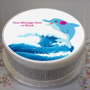 Décoration pour gâteau personnalisée en feuille de glaçage avec scène de dauphins mignons de 20 cm (8 po.)