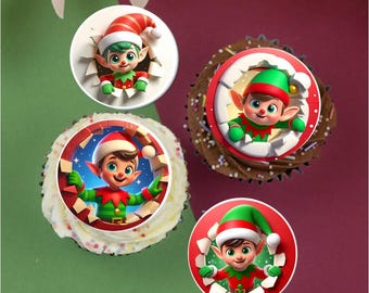 Christmas Happy Elf Mix  2" / 5cm edible discs cupcake toppers