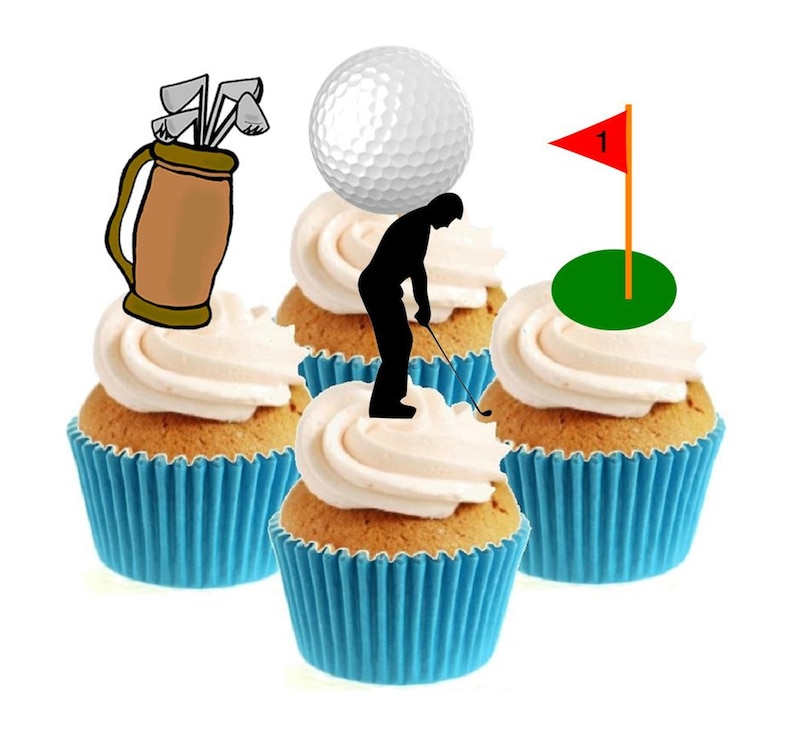 May include: Four cupcakes decorated with golf-themed toppers. The toppers include a golf bag, a golf ball, a golfer, and a golf hole with a flag.